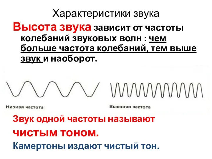 Характеристики звука Высота звука зависит от частоты колебаний звуковых волн : чем