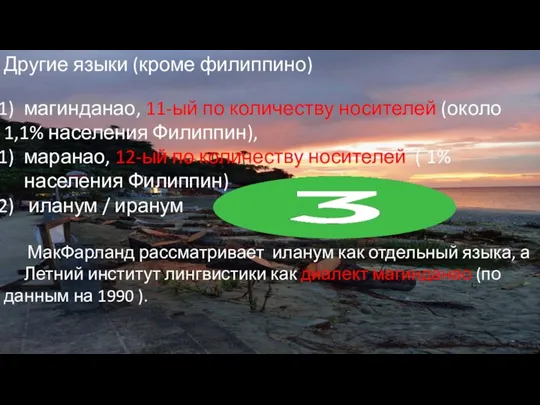 Другие языки (кроме филиппино) магинданао, 11-ый по количеству носителей (около 1,1% населения