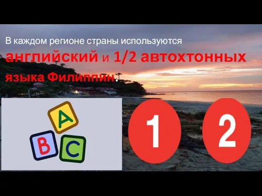 В каждом регионе страны используются английский и 1/2 автохтонных языка Филиппин.