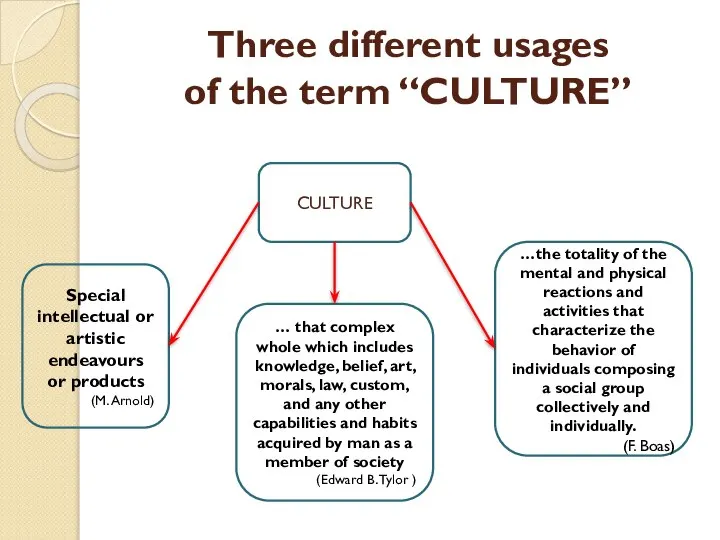 Three different usages of the term “CULTURE” CULTURE Special intellectual or artistic