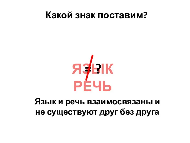 ЯЗЫК РЕЧЬ Какой знак поставим? = ? Язык и речь взаимосвязаны и