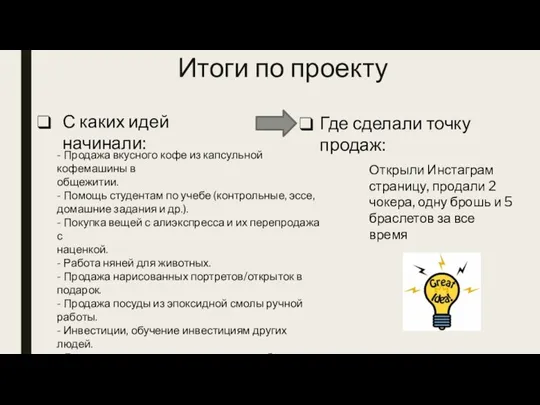 Итоги по проекту С каких идей начинали: Где сделали точку продаж: Открыли