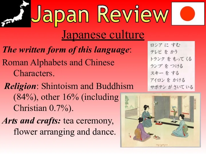 Japan Review Japanese culture The written form of this language: Roman Alphabets