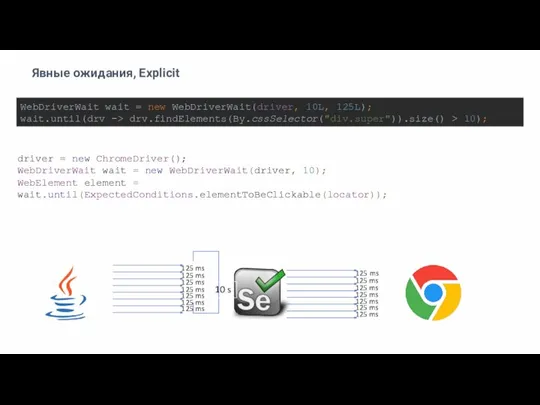 Явные ожидания, Explicit WebDriverWait wait = new WebDriverWait(driver, 10L, 125L); wait.until(drv ->