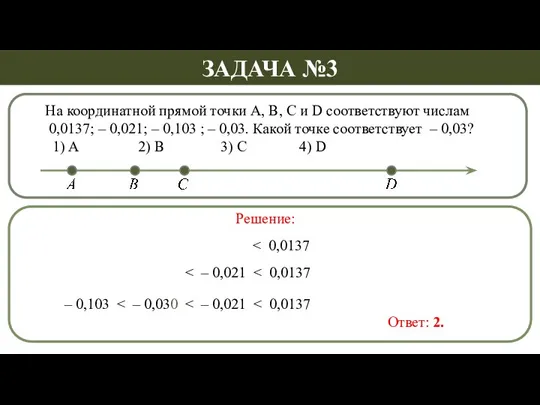 На координатной прямой точки А, В, С и D соответствуют числам 0,0137;