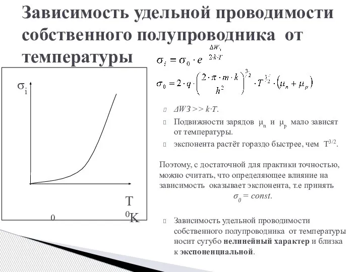 Зависимость удельной проводимости собственного полупроводника от температуры 0 ΔWЗ >> k·T. Подвижности