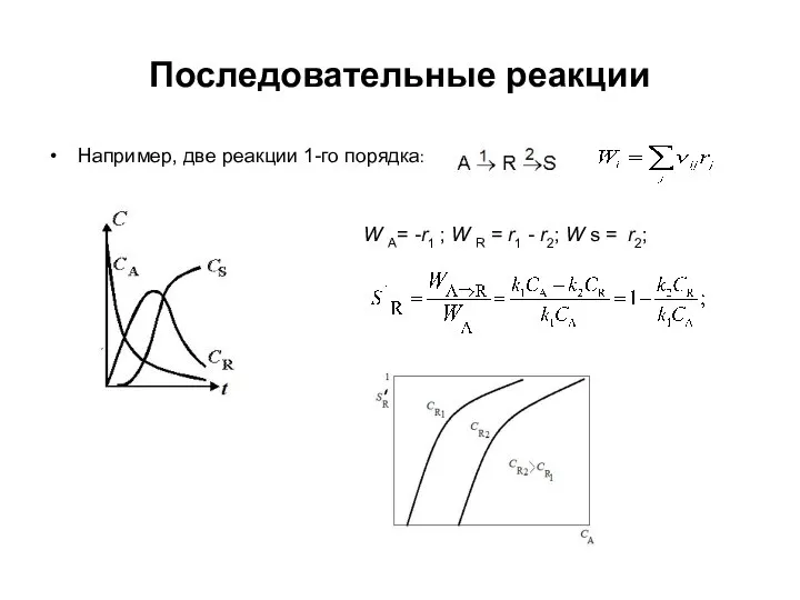 Последовательные реакции Например, две реакции 1-го порядка: W А= -r1 ; W