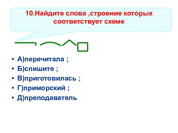 10.Найдите слова ,строение которых соответствует схеме А)перечитала ; Б)спишите ; В)приготовилась ; Г)приморский ; Д)преподаватель