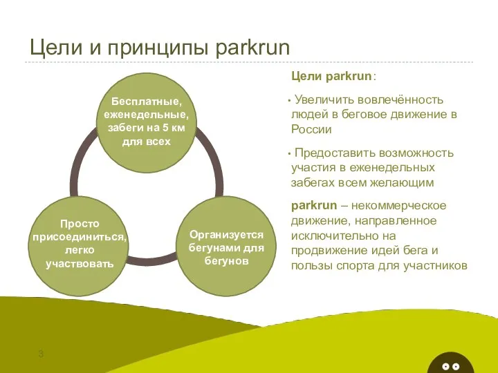 Цели и принципы parkrun Цели parkrun: Увеличить вовлечённость людей в беговое движение