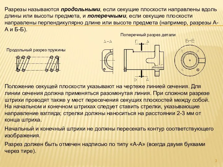 Разрезы называются продольными, если секущие плоскости направлены вдоль длины или высоты предмета,