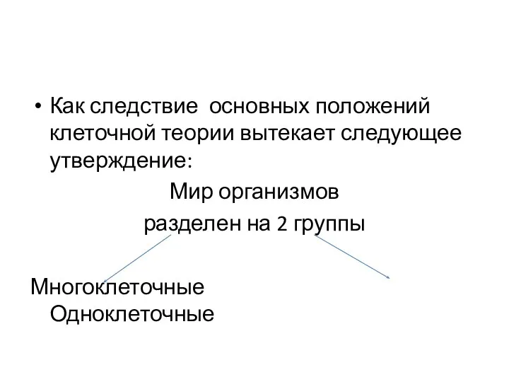 Как следствие основных положений клеточной теории вытекает следующее утверждение: Мир организмов разделен