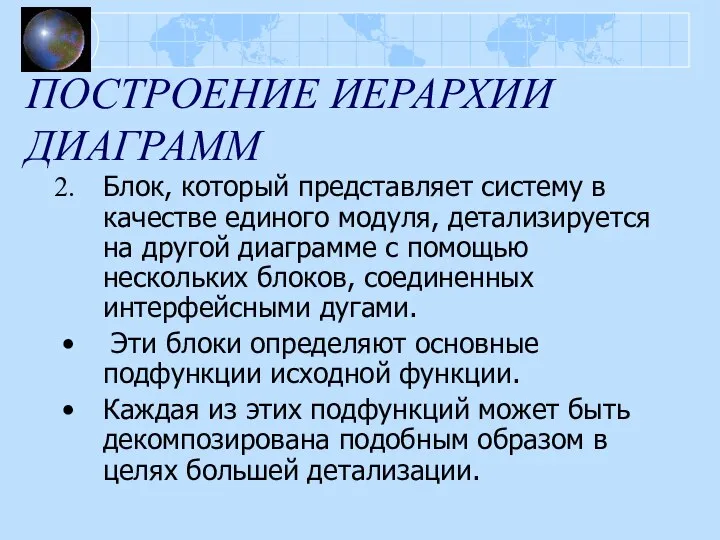 ПОСТРОЕНИЕ ИЕРАРХИИ ДИАГРАММ Блок, который представляет систему в качестве единого модуля, детализируется