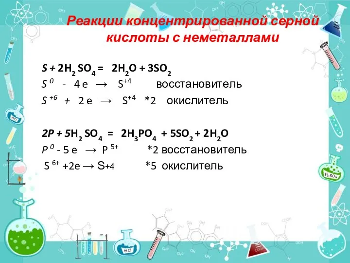 Реакции концентрированной серной кислоты с неметаллами S + 2H2 SO4 = 2H2O