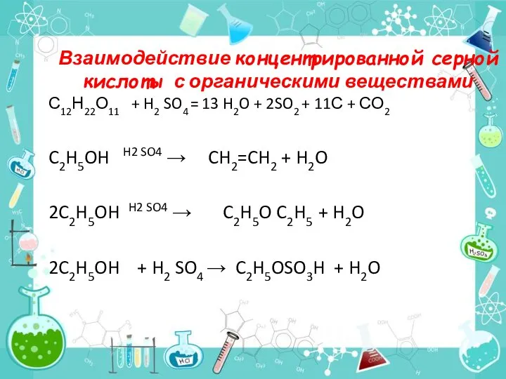Взаимодействие концентрированной серной кислоты с органическими веществами С12Н22О11 + H2 SO4 =