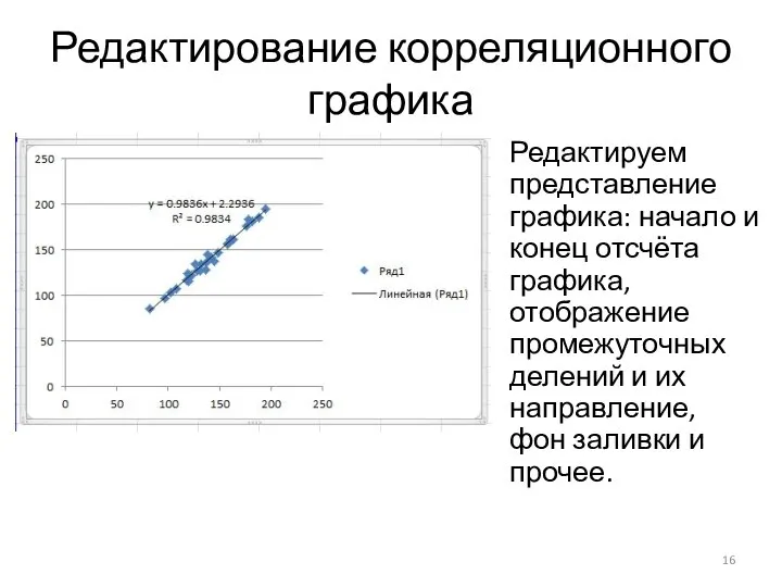 Редактирование корреляционного графика Редактируем представление графика: начало и конец отсчёта графика, отображение