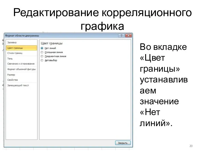 Редактирование корреляционного графика Во вкладке «Цвет границы» устанавливаем значение «Нет линий».