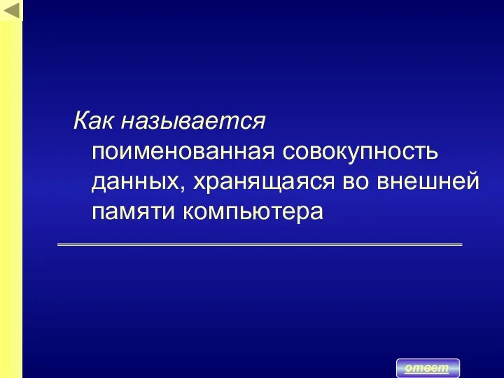 Как называется поименованная совокупность данных, хранящаяся во внешней памяти компьютера ответ