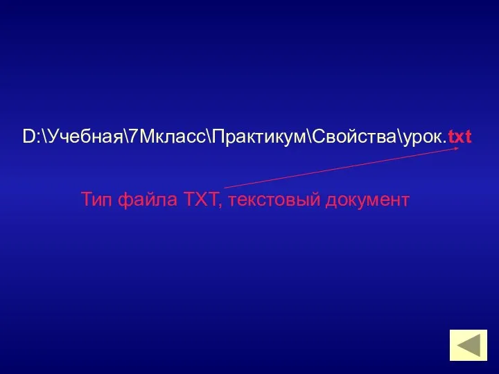 D:\Учебная\7Мкласс\Практикум\Свойства\урок.txt Тип файла TXT, текстовый документ