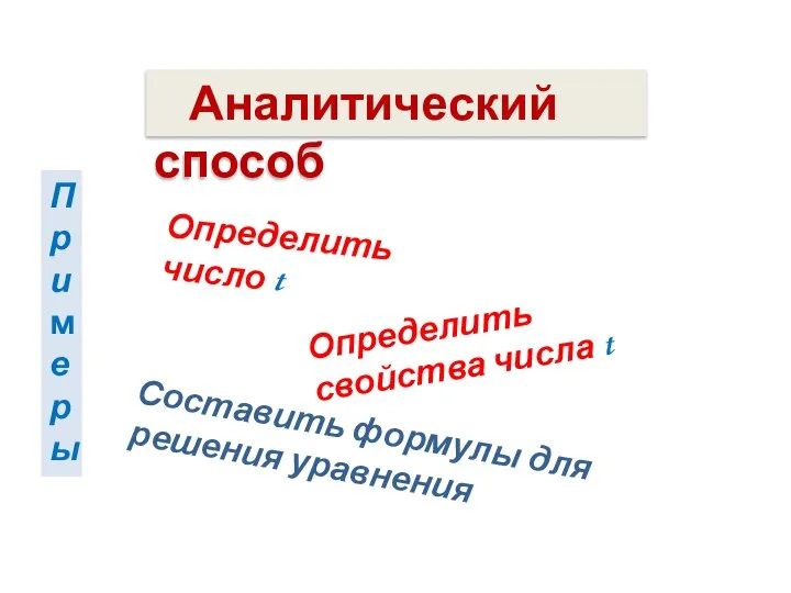 Аналитический способ Определить число t Примеры Составить формулы для решения уравнения Определить