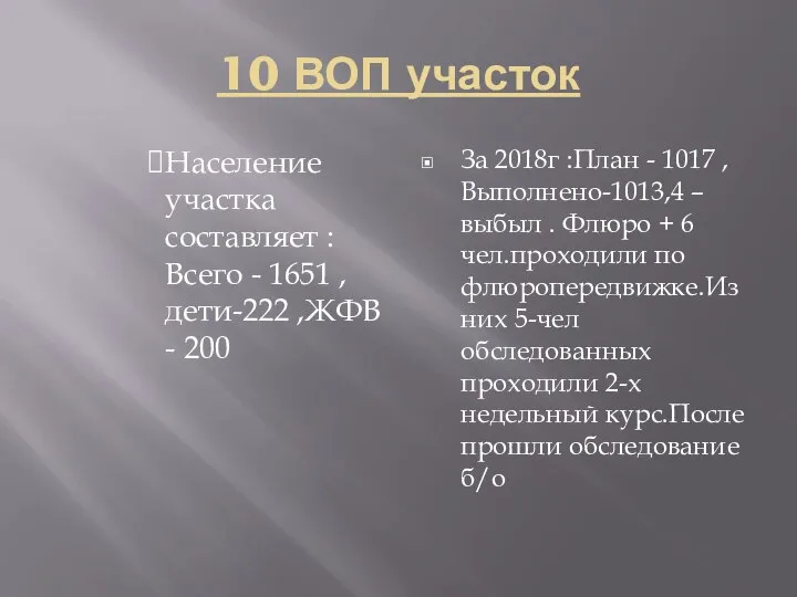 10 ВОП участок Население участка составляет : Всего - 1651 ,дети-222 ,ЖФВ