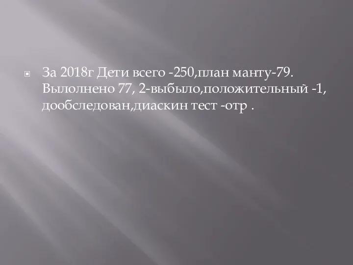 За 2018г Дети всего -250,план манту-79.Вылолнено 77, 2-выбыло,положительный -1,дообследован,диаскин тест -отр .