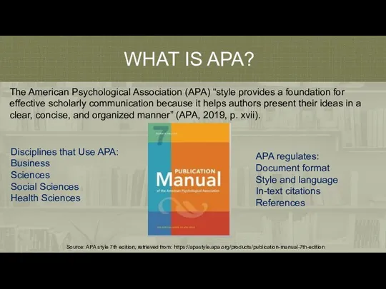 WHAT IS APA? The American Psychological Association (APA) “style provides a foundation