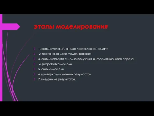 этапы моделирования 1. анализ условий, анализ поставленной задачи 2. постановка цели моделирования