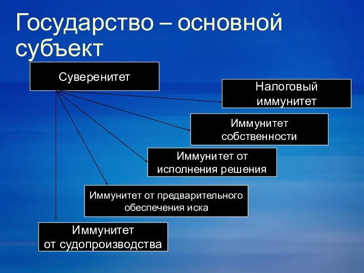 Государство – основной субъект Суверенитет Налоговый иммунитет Иммунитет собственности Иммунитет от исполнения