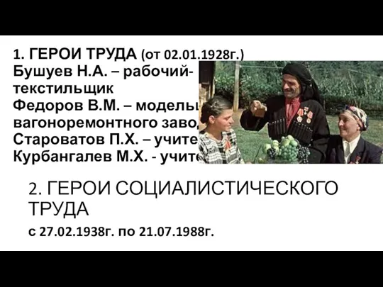 1. ГЕРОИ ТРУДА (от 02.01.1928г.) Бушуев Н.А. – рабочий- текстильщик Федоров В.М.