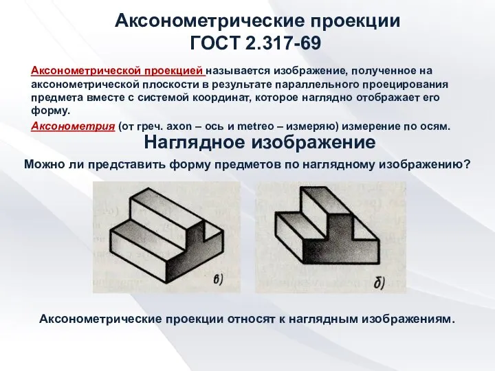 Аксонометрические проекции ГОСТ 2.317-69 Аксонометрической проекцией называется изображение, полученное на аксонометрической плоскости