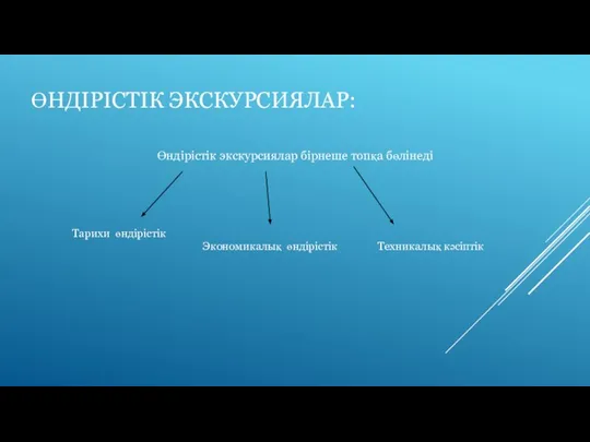 ӨНДІРІСТІК ЭКСКУРСИЯЛАР: Өндірістік экскурсиялар бірнеше топқа бөлінеді Тарихи өндірістік Экoномикалық өндірістік Техникалық кәсіптік