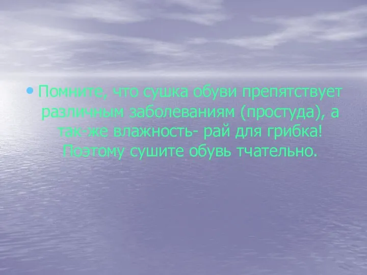 Помните, что сушка обуви препятствует различным заболеваниям (простуда), а так-же влажность- рай