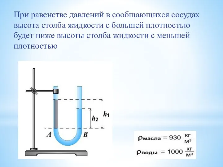 При равенстве давлений в сообщающихся сосудах высота столба жидкости с большей плотностью