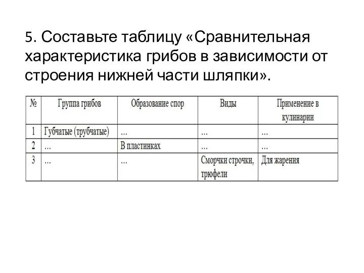 5. Составьте таблицу «Сравнительная характеристика грибов в зависимости от строения нижней части шляпки».