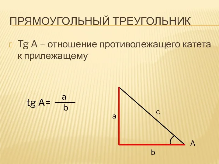 ПРЯМОУГОЛЬНЫЙ ТРЕУГОЛЬНИК Tg A – отношение противолежащего катета к прилежащему A tg A= a b