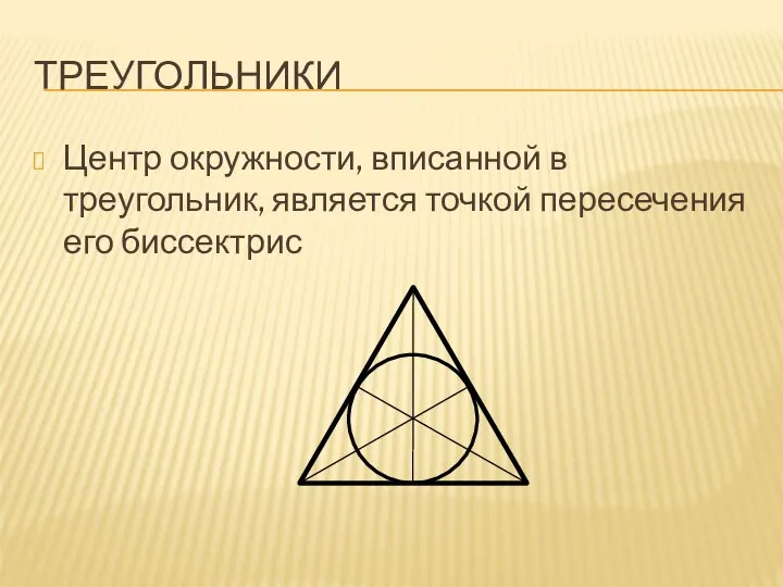 ТРЕУГОЛЬНИКИ Центр окружности, вписанной в треугольник, является точкой пересечения его биссектрис