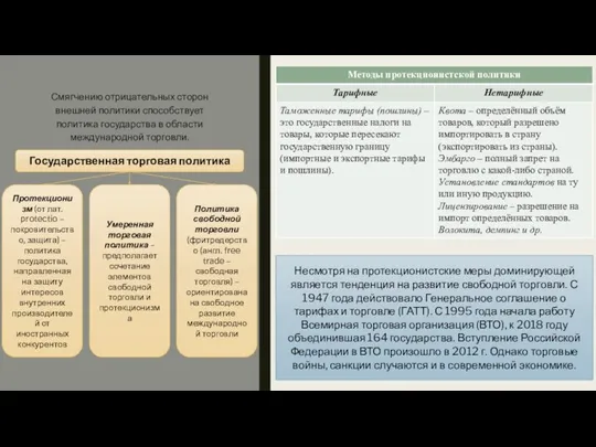 Смягчению отрицательных сторон внешней политики способствует политика государства в области международной торговли.