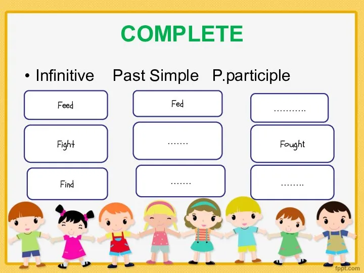 COMPLETE Infinitive Past Simple P.participle Feed Fed ……….. Fight Find ……. Fought ……. ……..