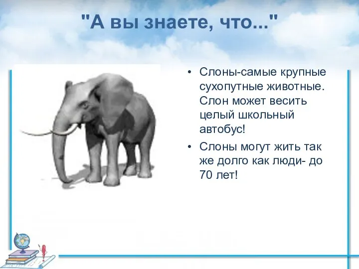 "А вы знаете, что..." Слоны-самые крупные сухопутные животные. Слон может весить целый