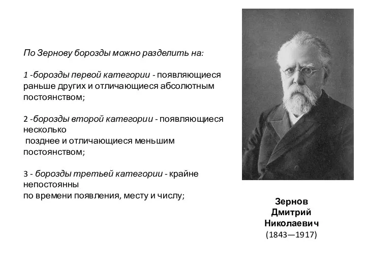 Зернов Дмитрий Николаевич (1843—1917) По Зернову борозды можно разделить на: 1 -борозды