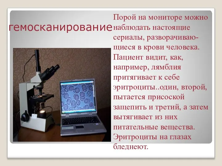 гемосканирование Порой на мониторе можно наблюдать настоящие сериалы, разворачиваю-щиеся в крови человека.