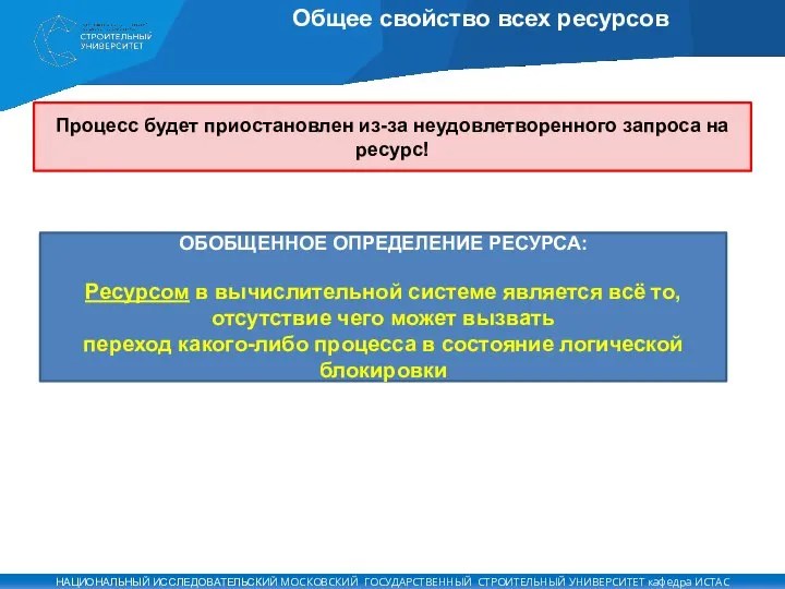 Общее свойство всех ресурсов Процесс будет приостановлен из-за неудовлетворенного запроса на ресурс!