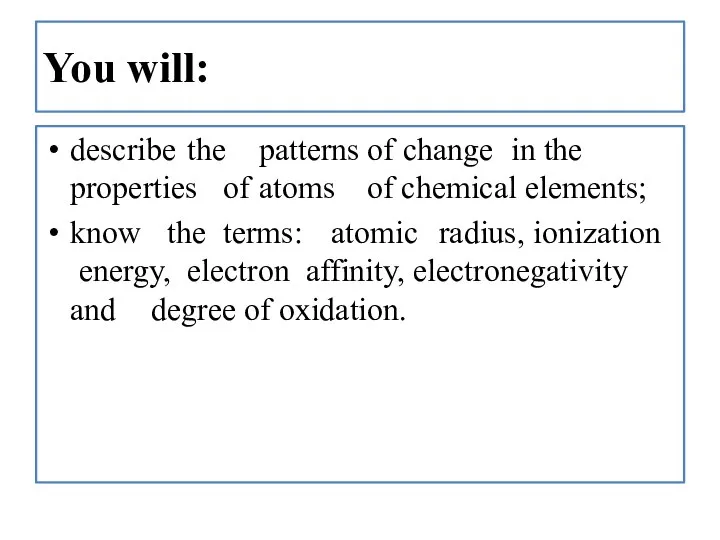 You will: describe the patterns of change in the properties of atoms