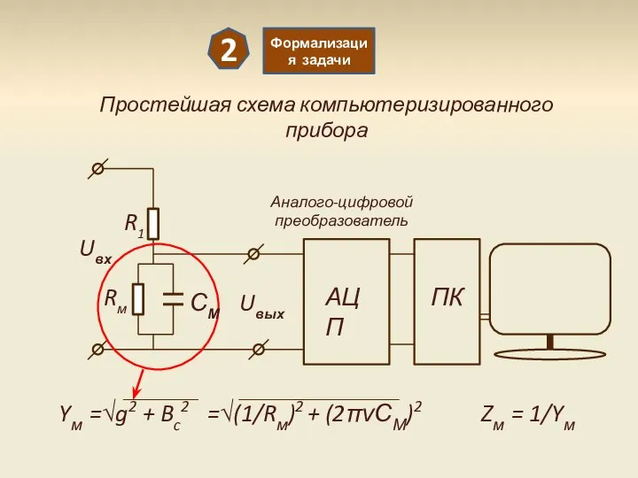 2 Формализация задачи Простейшая схема компьютеризированного прибора Uвх Uвых R1 Rм СМ