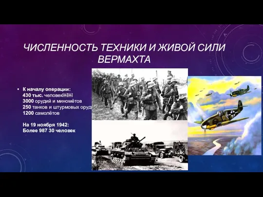 ЧИСЛЕННОСТЬ ТЕХНИКИ И ЖИВОЙ СИЛИ ВЕРМАХТА К началу операции: 430 тыс. человек￼￼