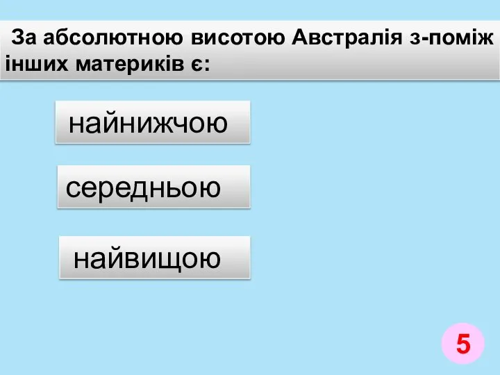 За абсолютною висотою Австралія з-поміж інших материків є: середньою найнижчою найвищою 5