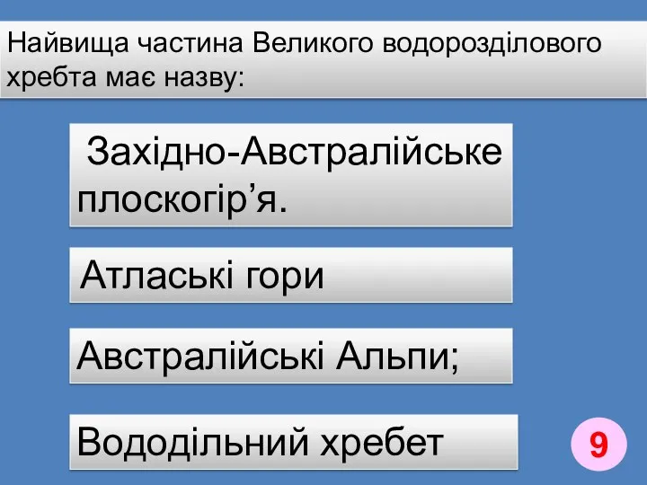 Найвища частина Великого водорозділового хребта має назву: Вододільний хребет Атлаські гори Західно-Австралійське плоскогір’я. Австралійські Альпи; 9