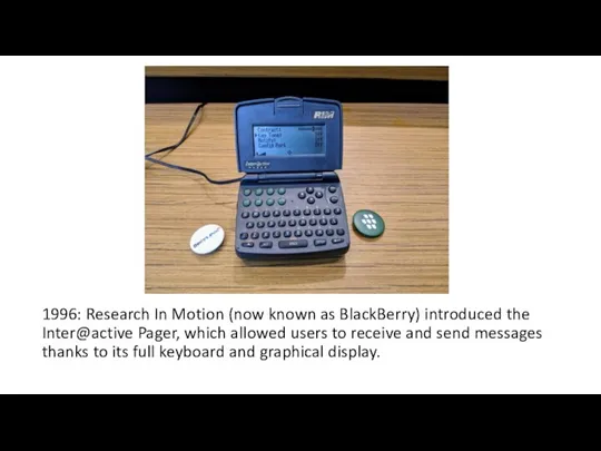 1996: Research In Motion (now known as BlackBerry) introduced the Inter@active Pager,