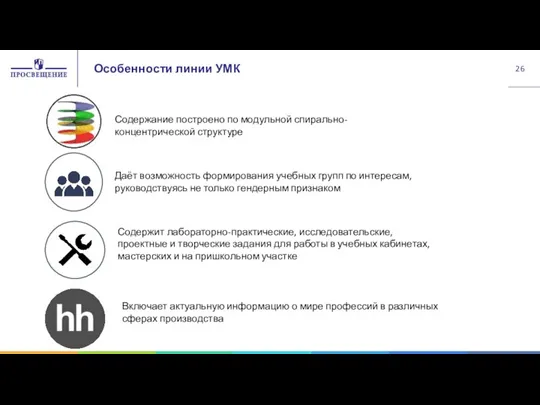 Особенности линии УМК Даёт возможность формирования учебных групп по интересам, руководствуясь не