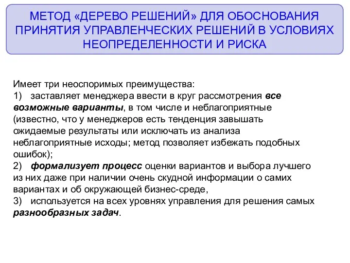 МЕТОД «ДЕРЕВО РЕШЕНИЙ» ДЛЯ ОБОСНОВАНИЯ ПРИНЯТИЯ УПРАВЛЕНЧЕСКИХ РЕШЕНИЙ В УСЛОВИЯХ НЕОПРЕДЕЛЕННОСТИ И